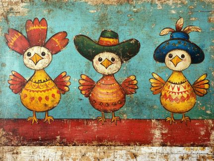 Three Festive Chickens in Fancy Hats