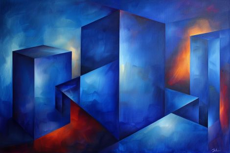 Luminous Blue Geometric Cityscape at Dusk