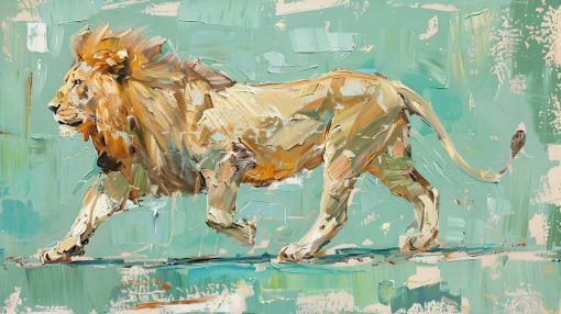 Golden Lion Striding Through Turquoise