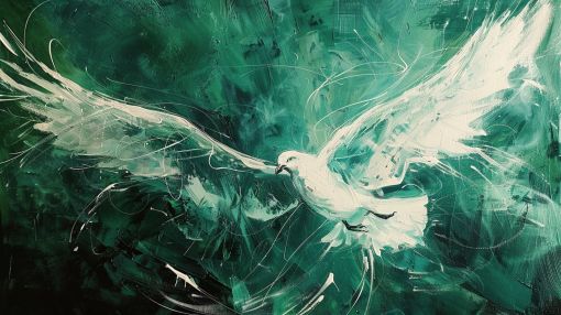 White Dove Soaring Through Emerald Depths