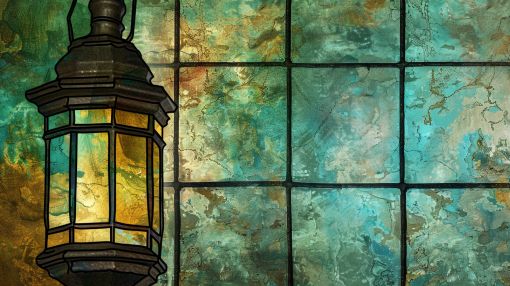 Lantern Glow Against Weathered Glass