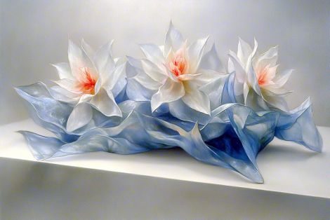 Translucent Lotus Blooms in Blue Glass