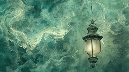 Lantern Glowing Through Emerald Mist