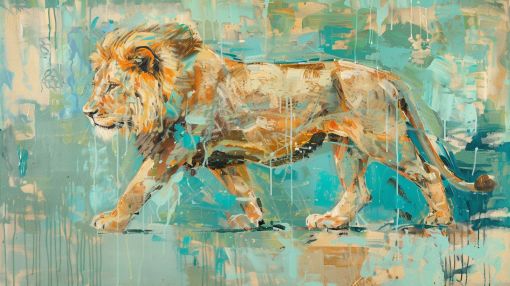Golden Lion Striding Through Turquoise