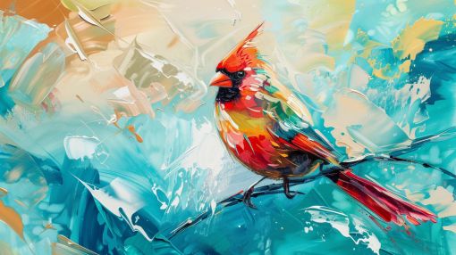Crimson Cardinal on Turquoise Abstract