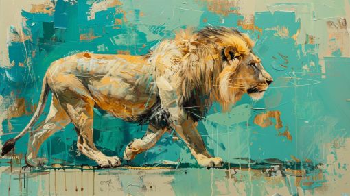 Golden Lion Striding Through Teal