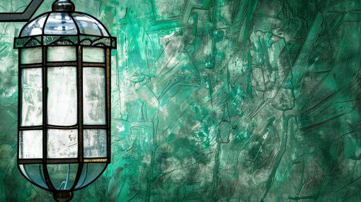 Emerald Lantern on Weathered Green Wall