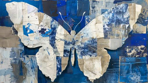 Blue Collage Butterfly in Torn Paper