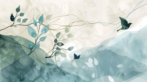 Birds Among Misty Watercolor Branches